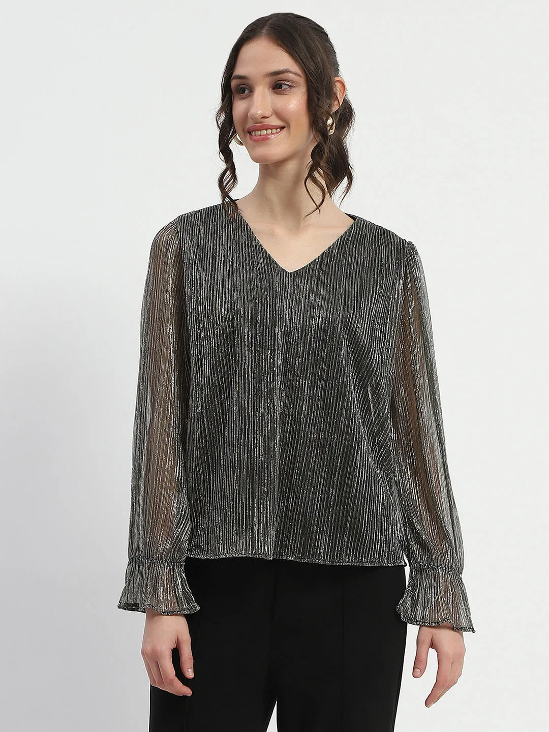 Madame Ruffle Sleeve Black Shimmery Top Sky Cool