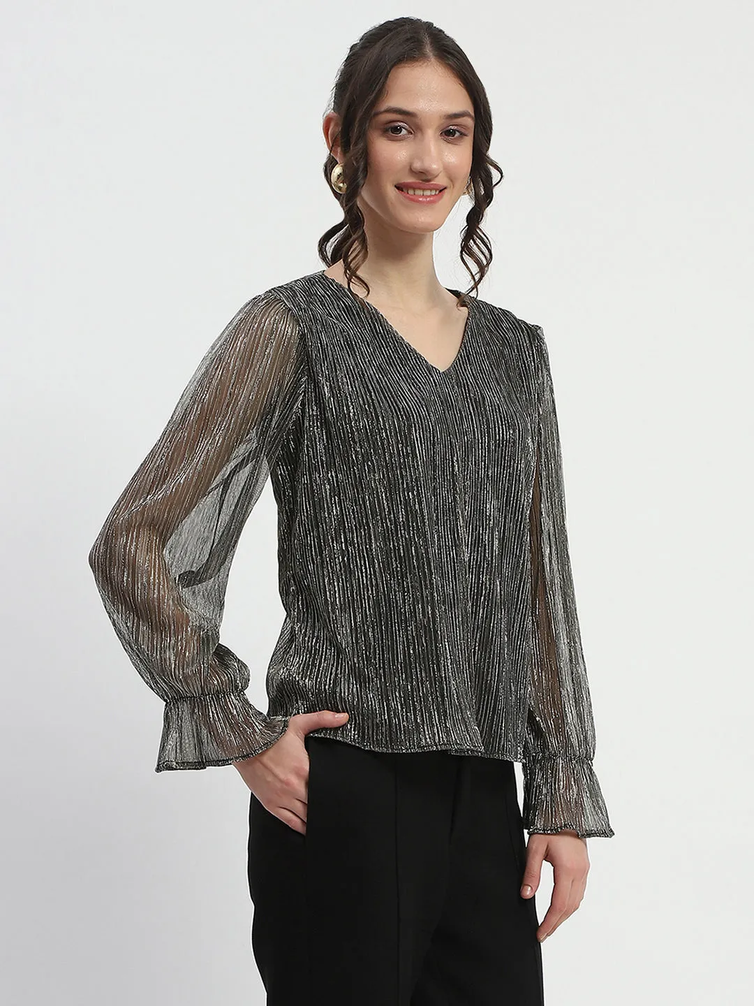 CompressionEnhanced Fit Madame Ruffle Sleeve Black Shimmery Top