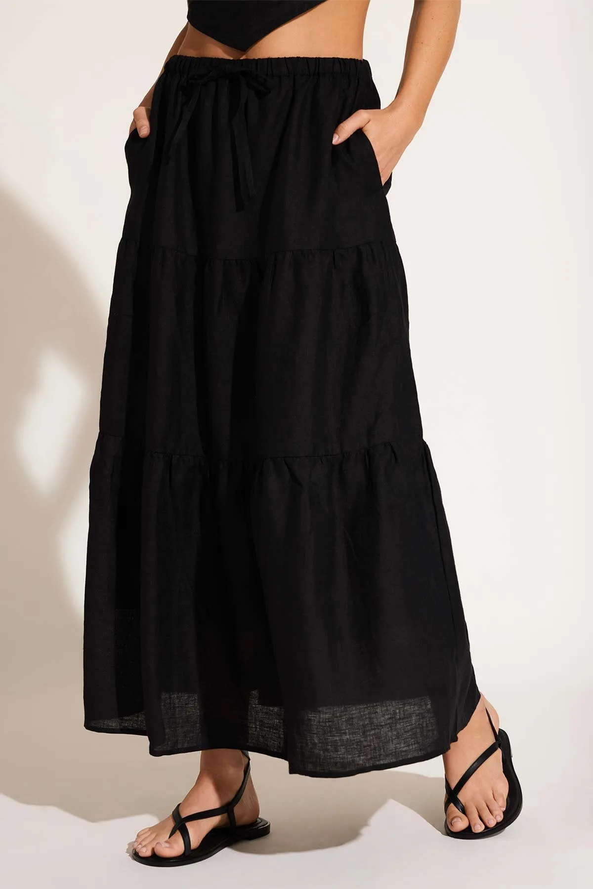 Canyon Skirt - Black EcoLinen Diagonal Slit Comfortable Feel