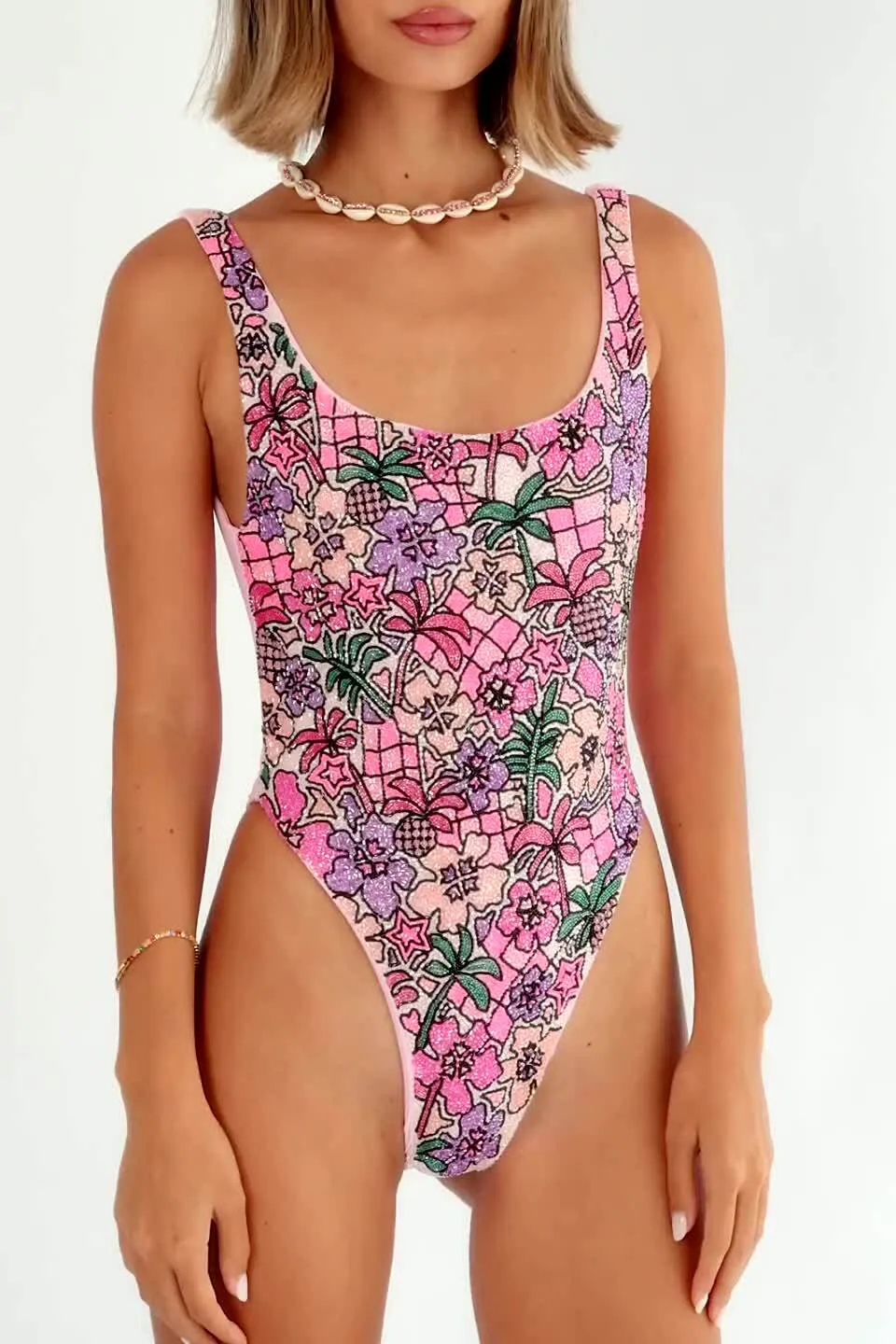 Matte Texture High Shine FIA tropical purple swimsuit