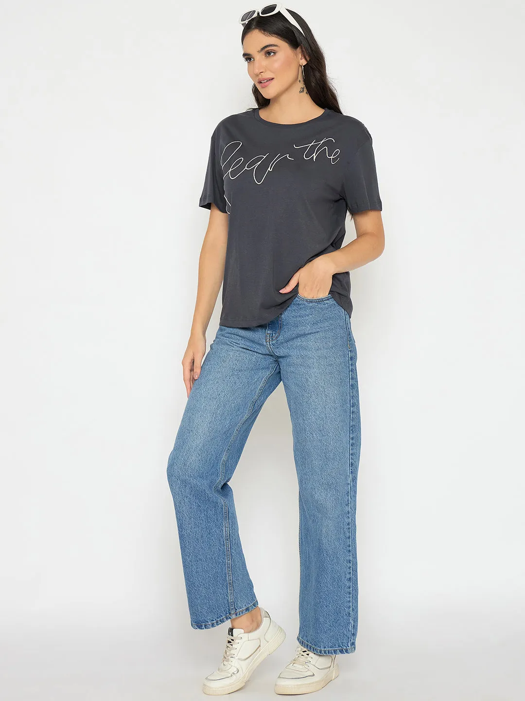 Madame Typography Print Charcoal Black Cotton T-shirt Cool Style Perfect Layer