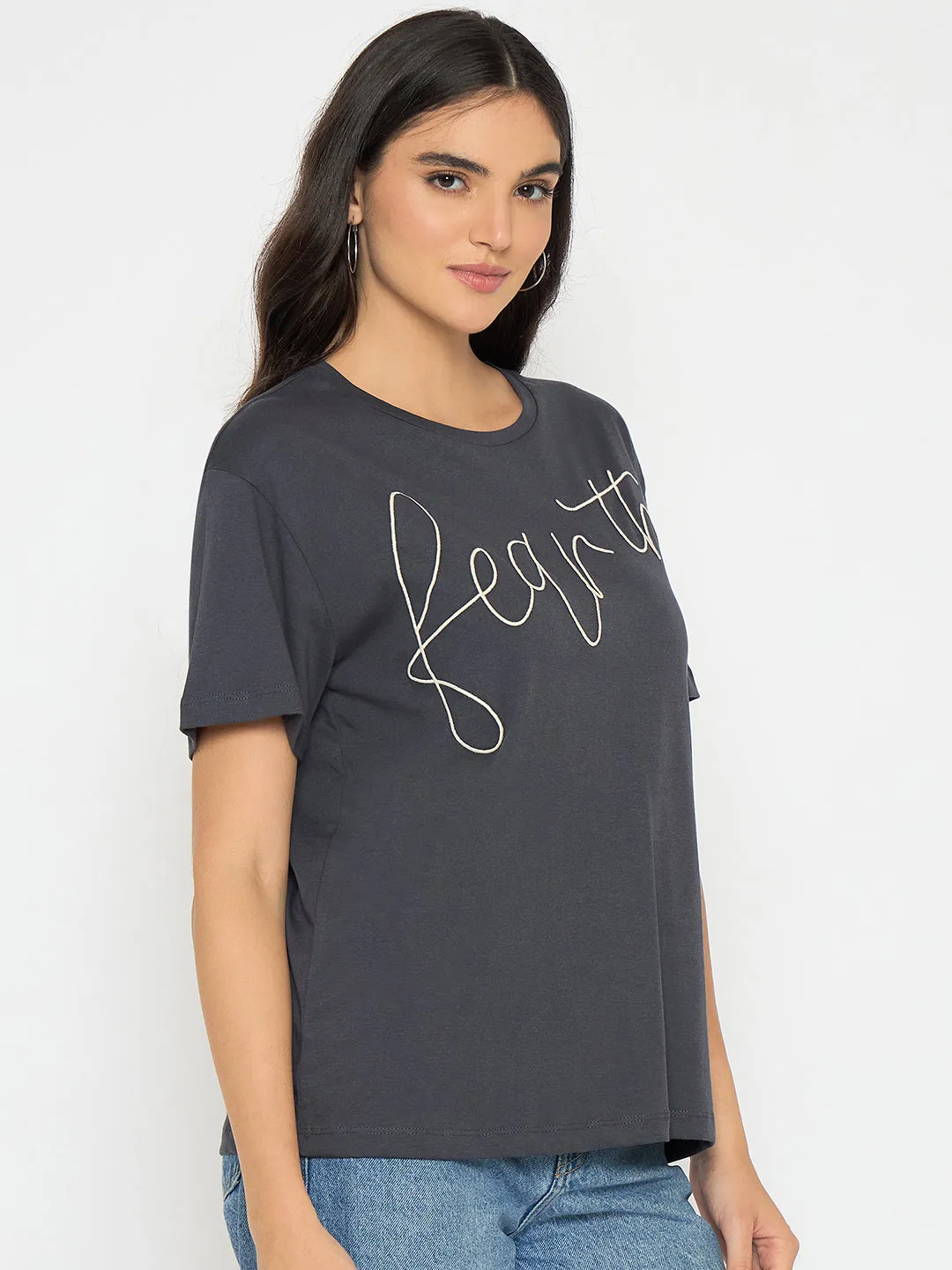 Reinforced Shoulder Stitching ethical Madame Typography Print Charcoal Black Cotton T-shirt