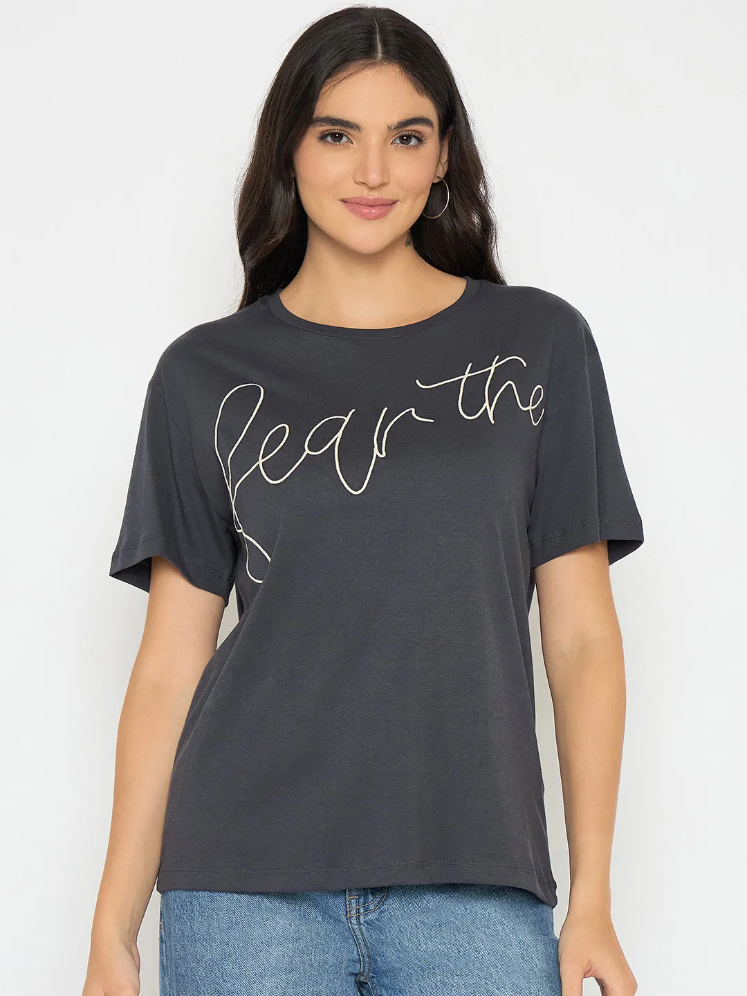 Madame Typography Print Charcoal Black Cotton T-shirt Fashion-Forward Look Versatile Wardrobe Piece
