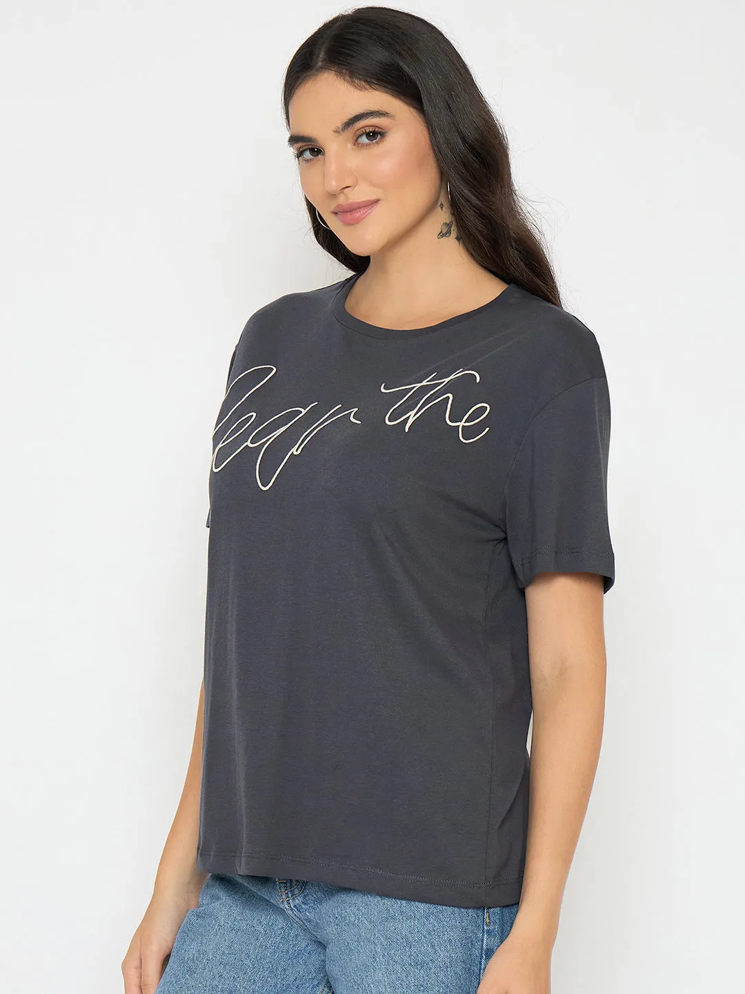 Sports Apparel Active Look Madame Typography Print Charcoal Black Cotton T-shirt