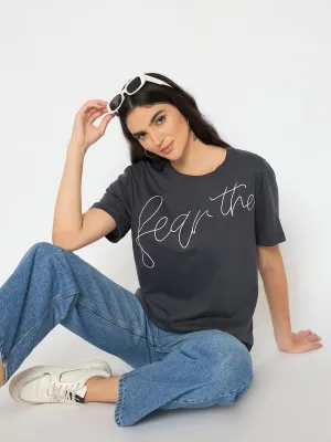 Cozy And Stylish Effortless Fit Madame Typography Print Charcoal Black Cotton T-shirt