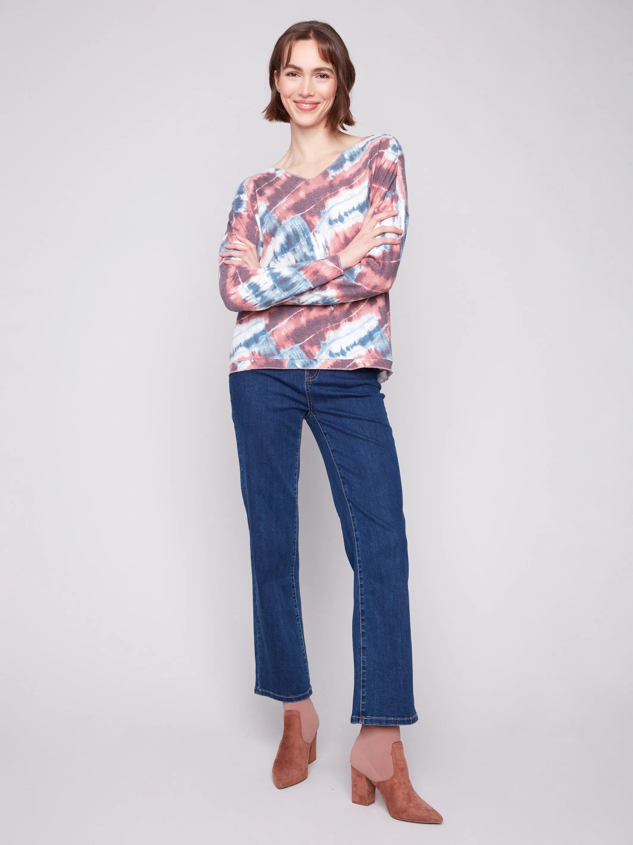 Bold Fashion retro look Printed V-neck Knit Top - Dreamy Pink