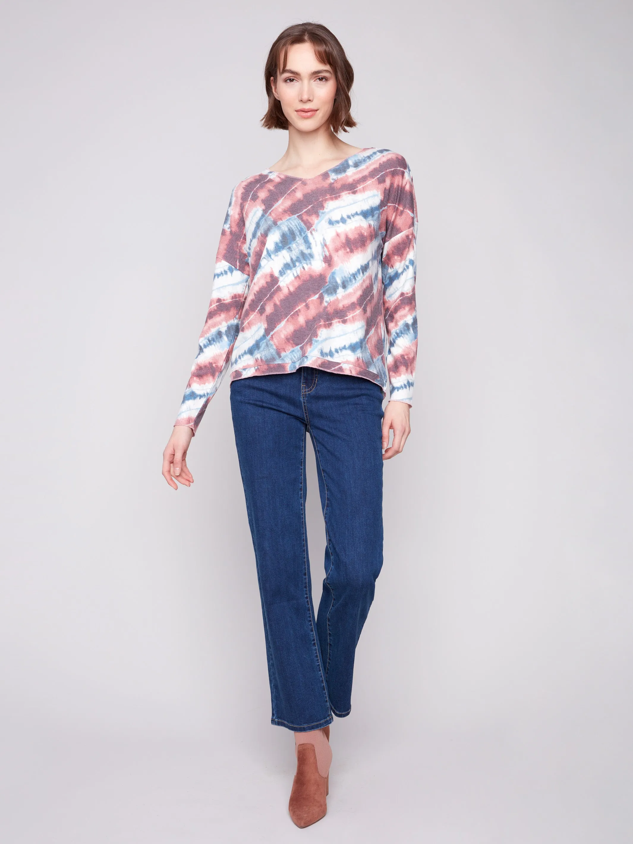 Printed V-neck Knit Top - Dreamy Pink Smooth Edge Binding Glitter Fit