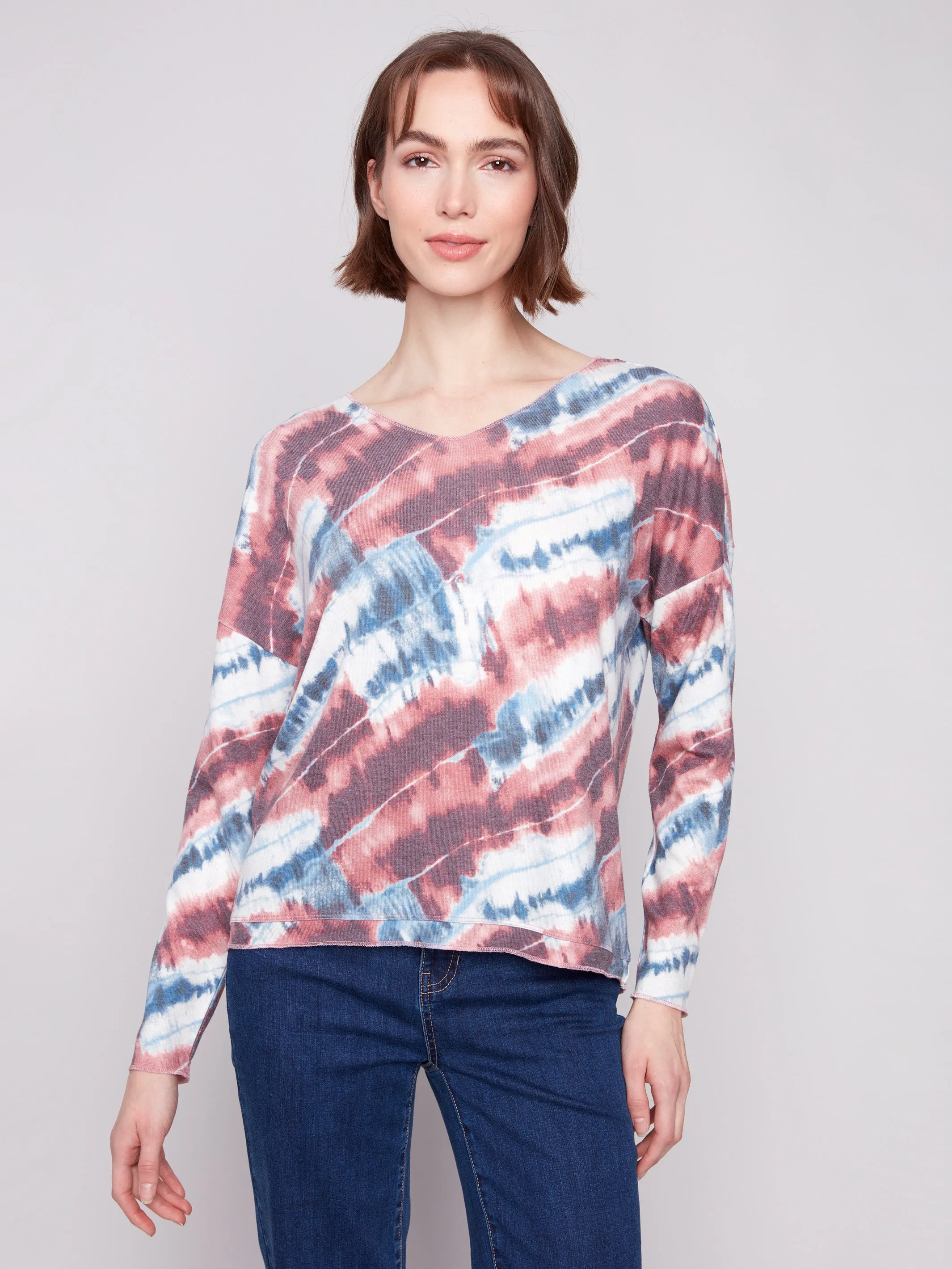Printed V-neck Knit Top - Dreamy Pink Sporty Design