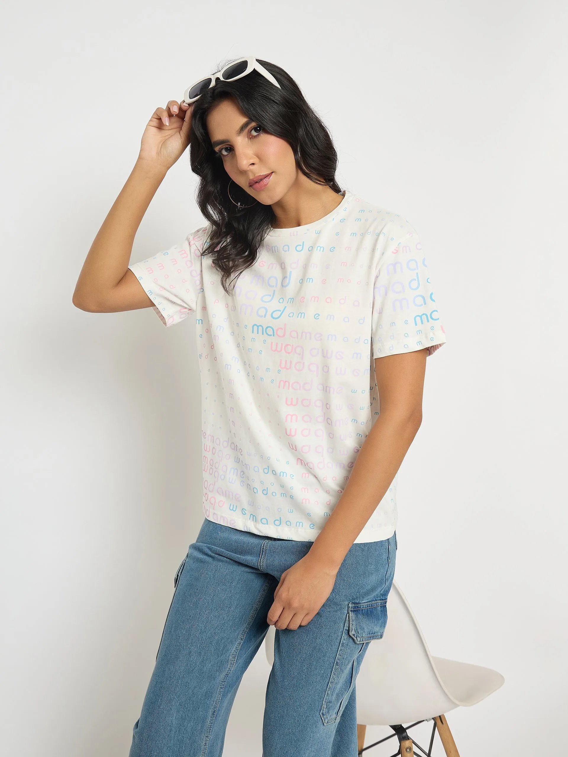 Madame All Over Print White Cotton T-shirt Light Design Timeless and Chic