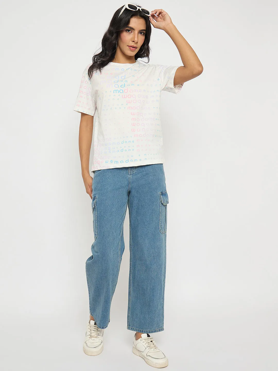 Madame All Over Print White Cotton T-shirt High Density Knit