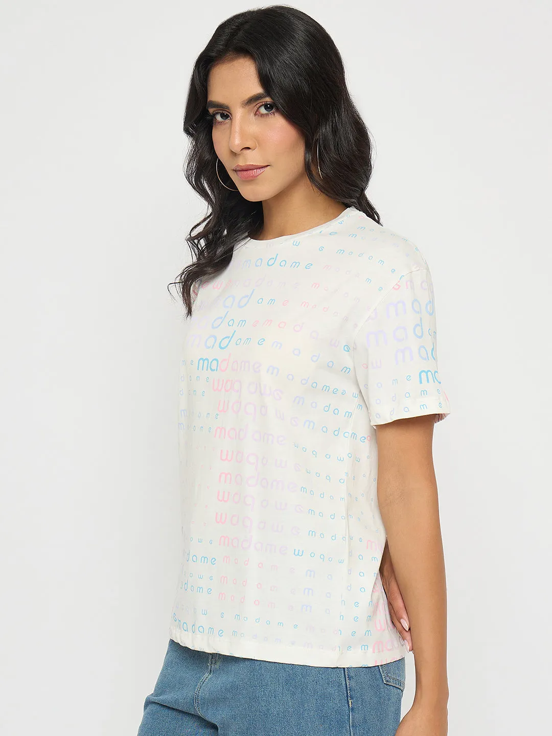 Layering Fashion Recycled Material Madame All Over Print White Cotton T-shirt
