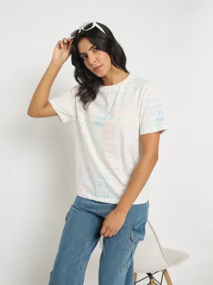 Madame All Over Print White Cotton T-shirt Light Design Timeless and Chic