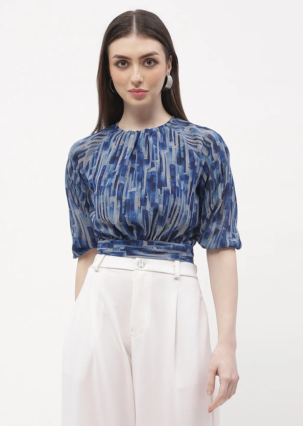 Vacation Mood Madame Raglan Sleeve Blue Abstract Print Crop Top