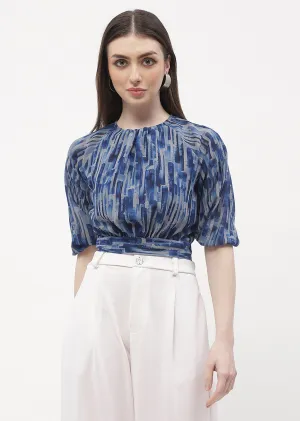 Vacation Mood Madame Raglan Sleeve Blue Abstract Print Crop Top
