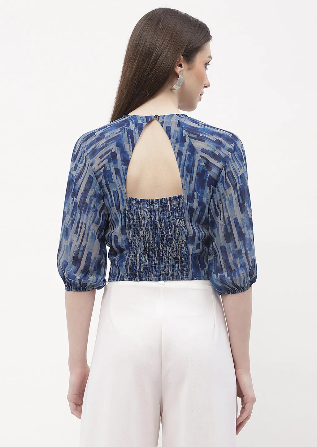 Madame Raglan Sleeve Blue Abstract Print Crop Top Daily Use Lightweight Layering