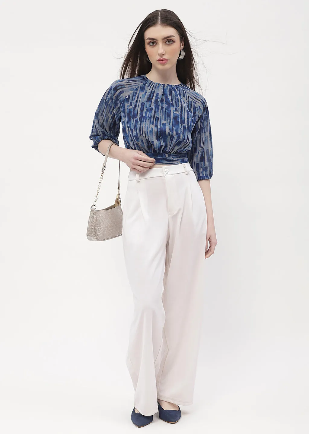 Tribal Soul NonBindingEdges Madame Raglan Sleeve Blue Abstract Print Crop Top