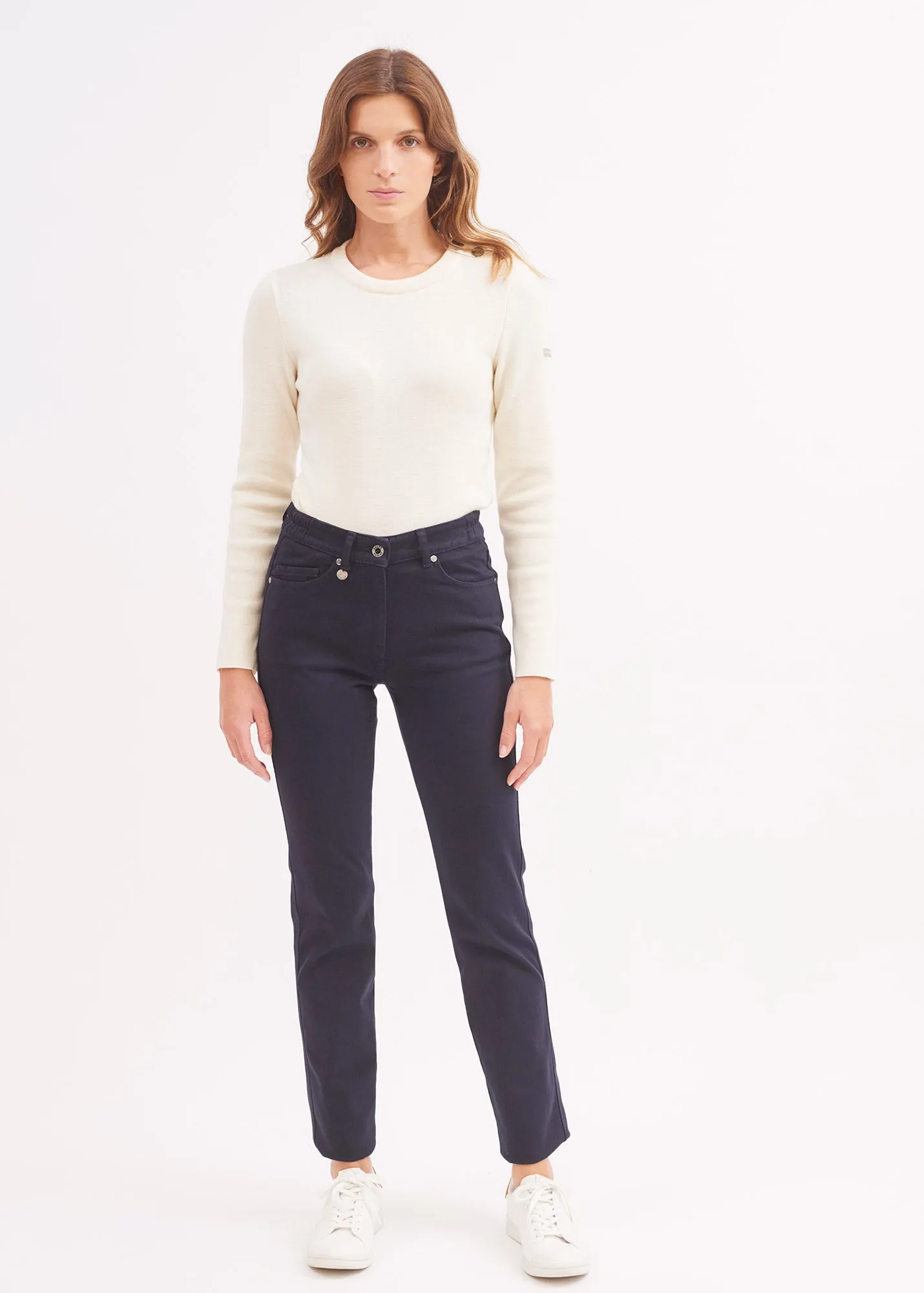 Patricia straight pants - elasticated waist, in stretch cotton (NAVY) OdorControl Technology