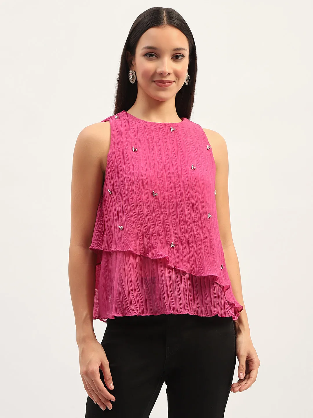 Madame Double Hem Embellished Pink Top Warm Knit AntiPilling
