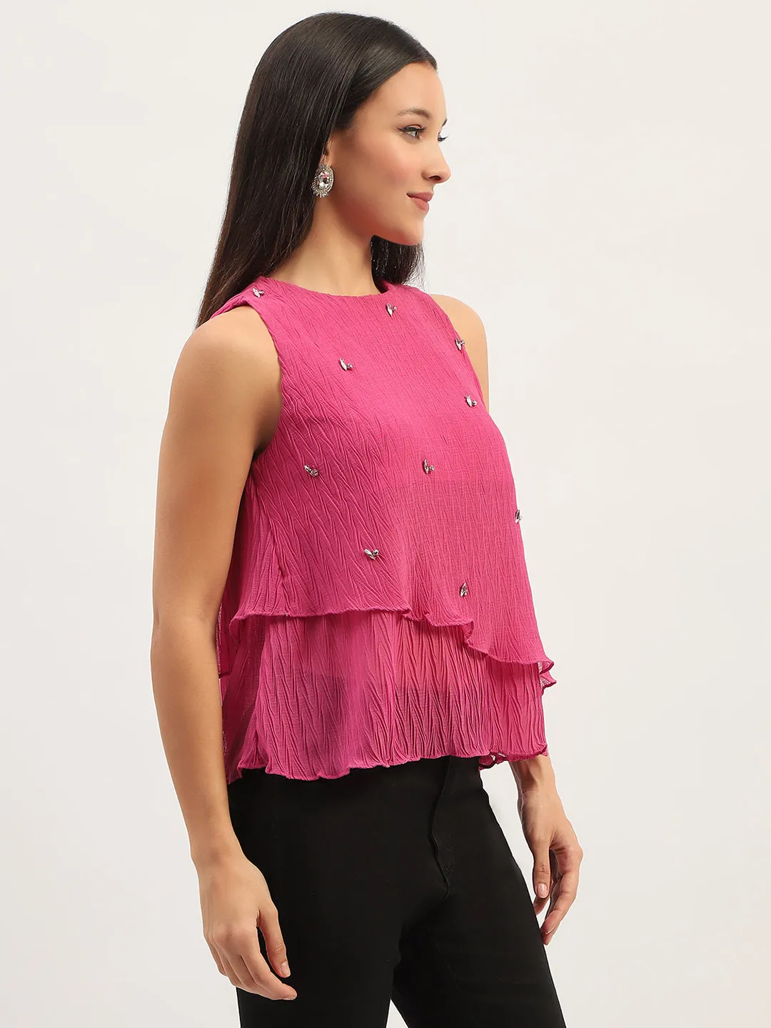 Soft Fabric Elegant Top Madame Double Hem Embellished Pink Top