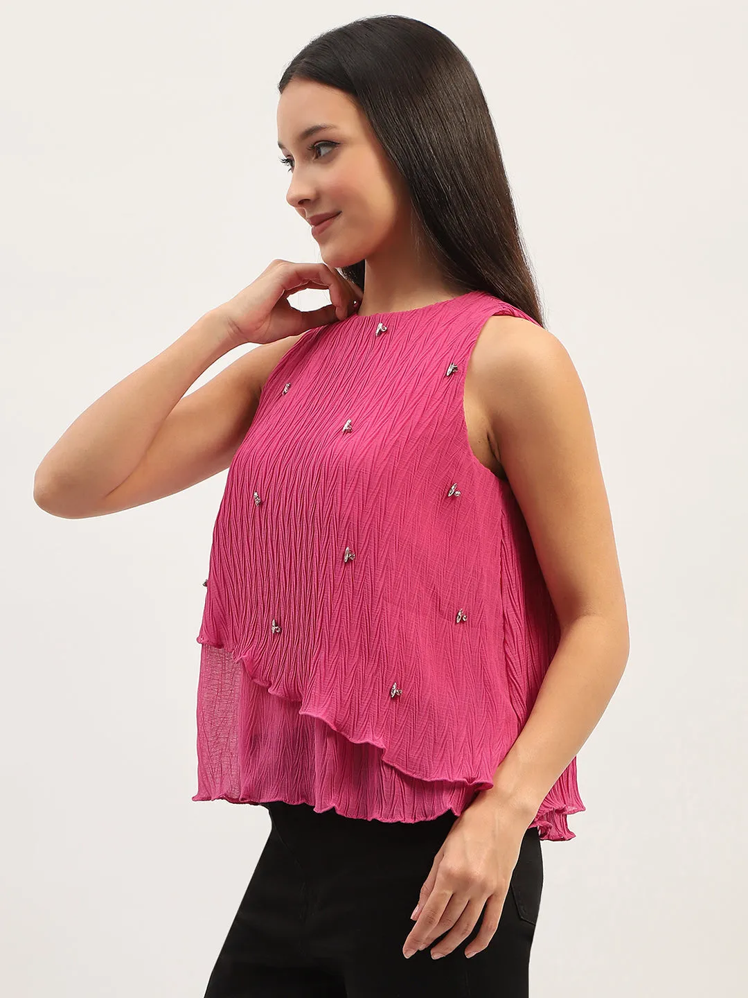 Hotel Style Elegant Coat Madame Double Hem Embellished Pink Top