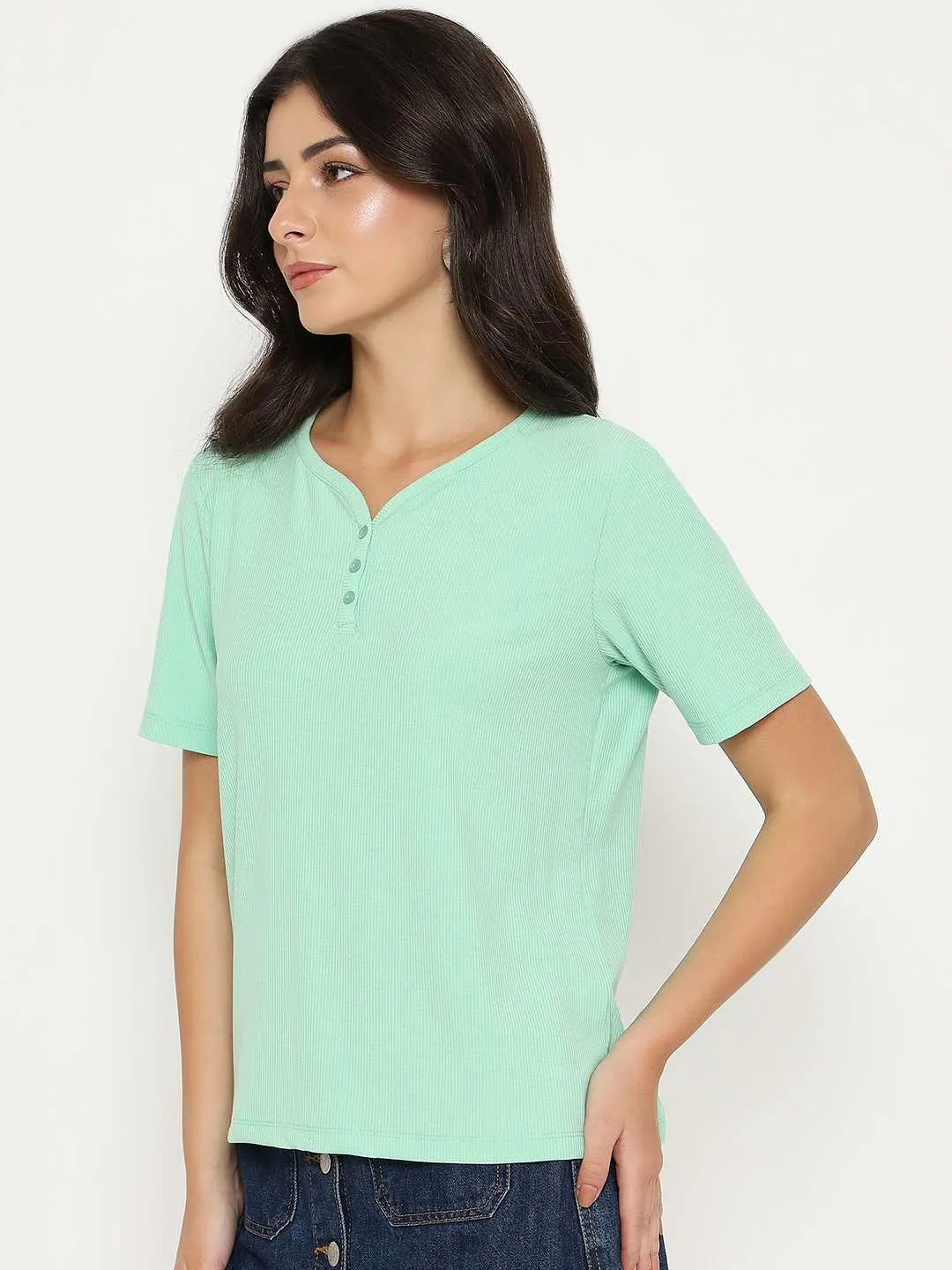 Madame Henley Neck Solid Green T-Shirt Micro Perforation AntiStaticFinish
