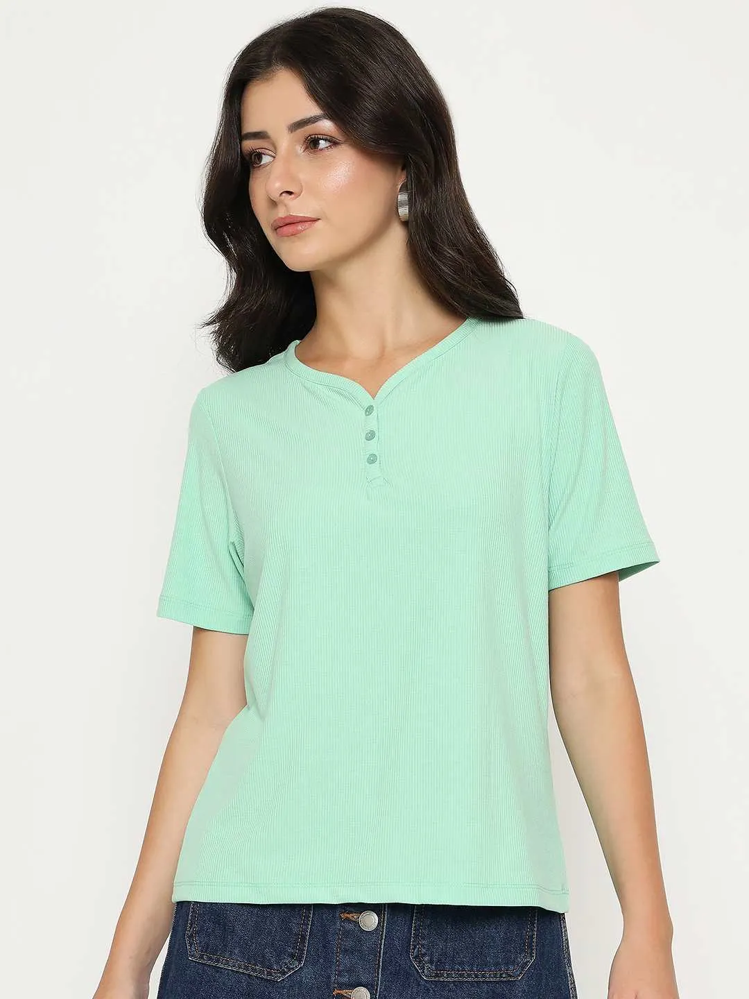 Madame Henley Neck Solid Green T-Shirt Stylish Everyday Wear Essential Wear