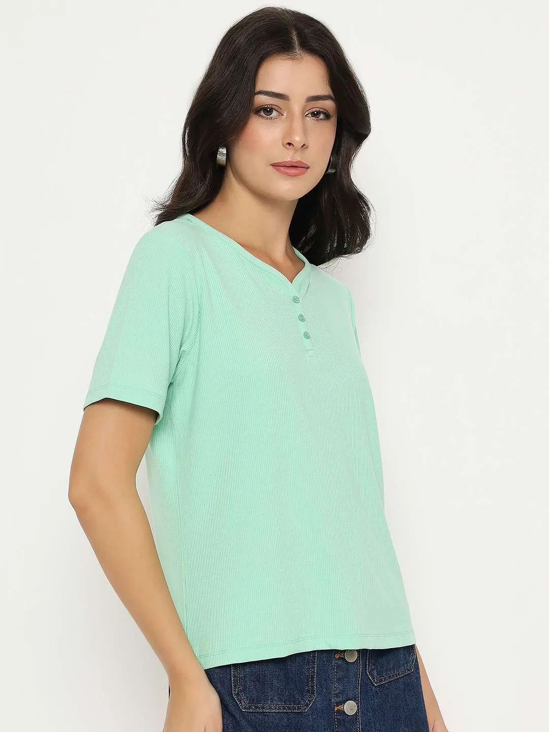 Fresh Comfort Style Workout Gear Madame Henley Neck Solid Green T-Shirt