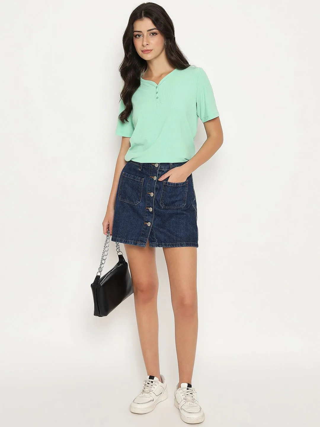 Layering Comfort Madame Henley Neck Solid Green T-Shirt