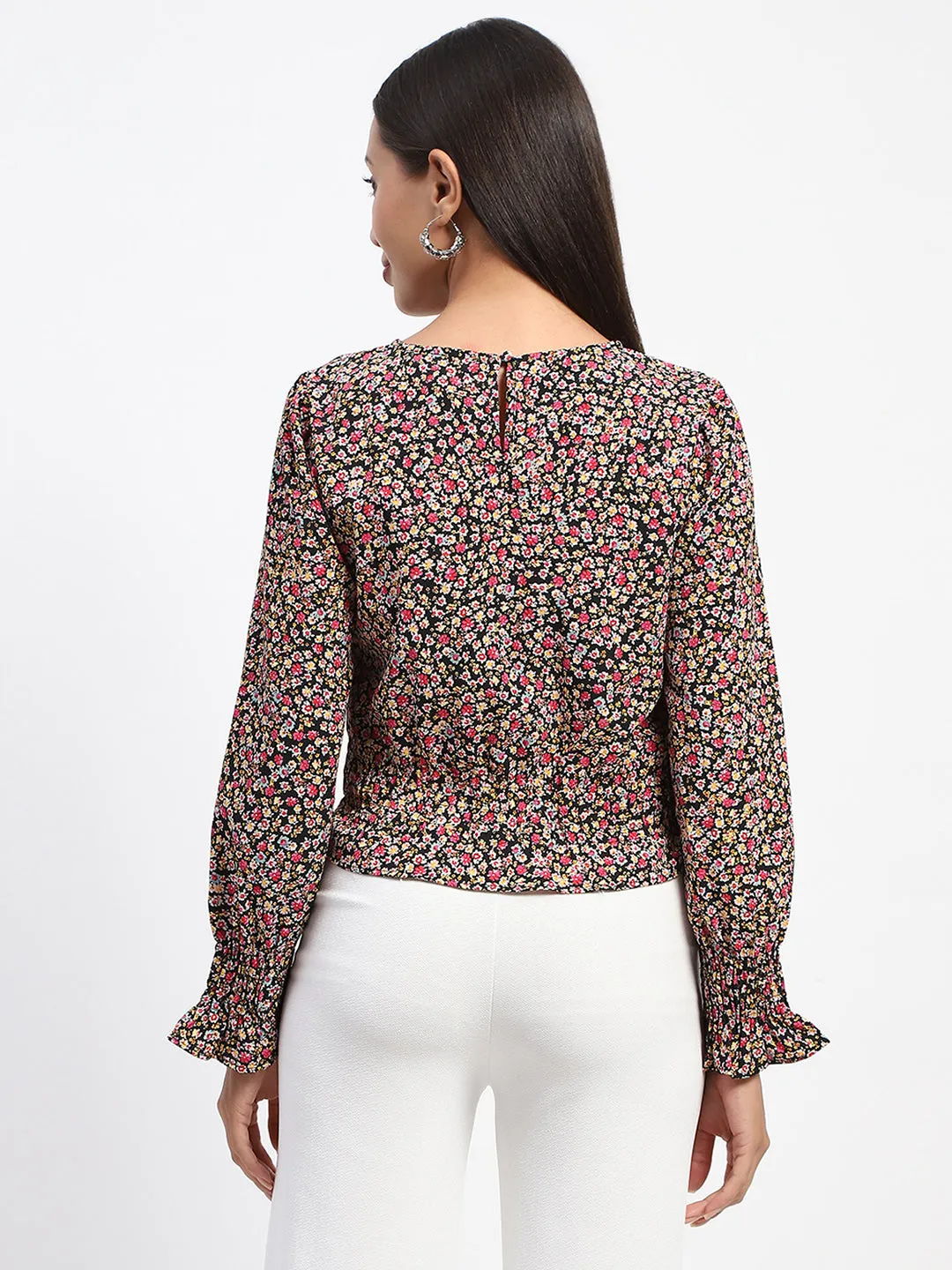 Modern Look EasyAdjustStraps Madame Floral Print Cinch Waist Black Top