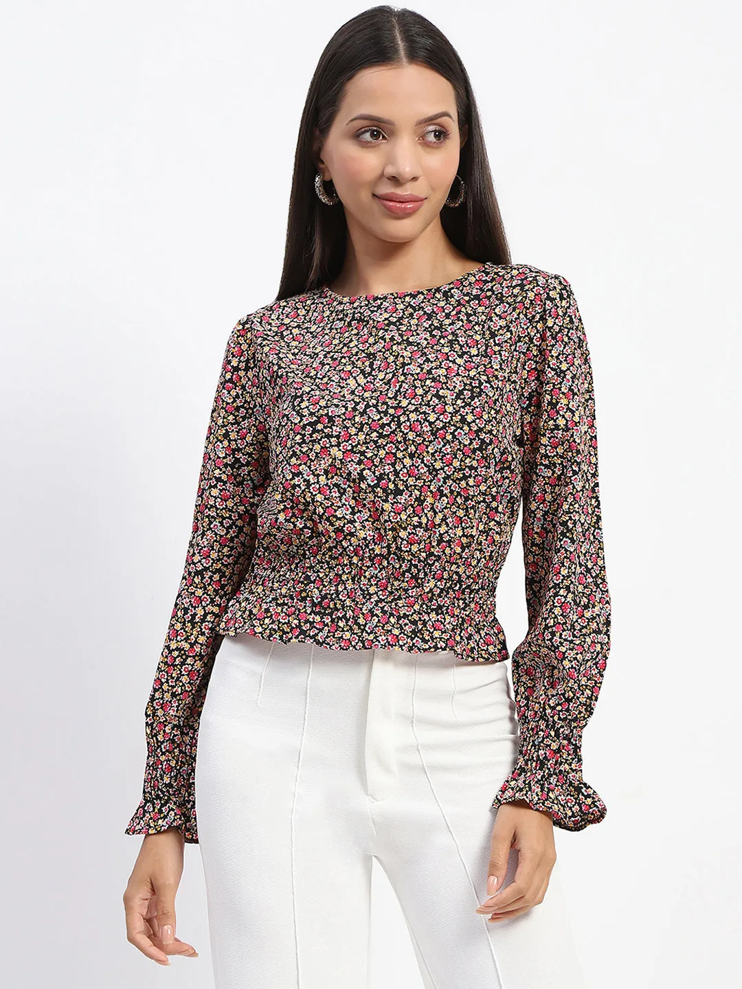 Madame Floral Print Cinch Waist Black Top Lightweight insulation