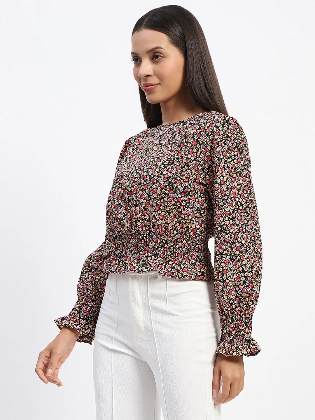HypoallergenicTextile Madame Floral Print Cinch Waist Black Top