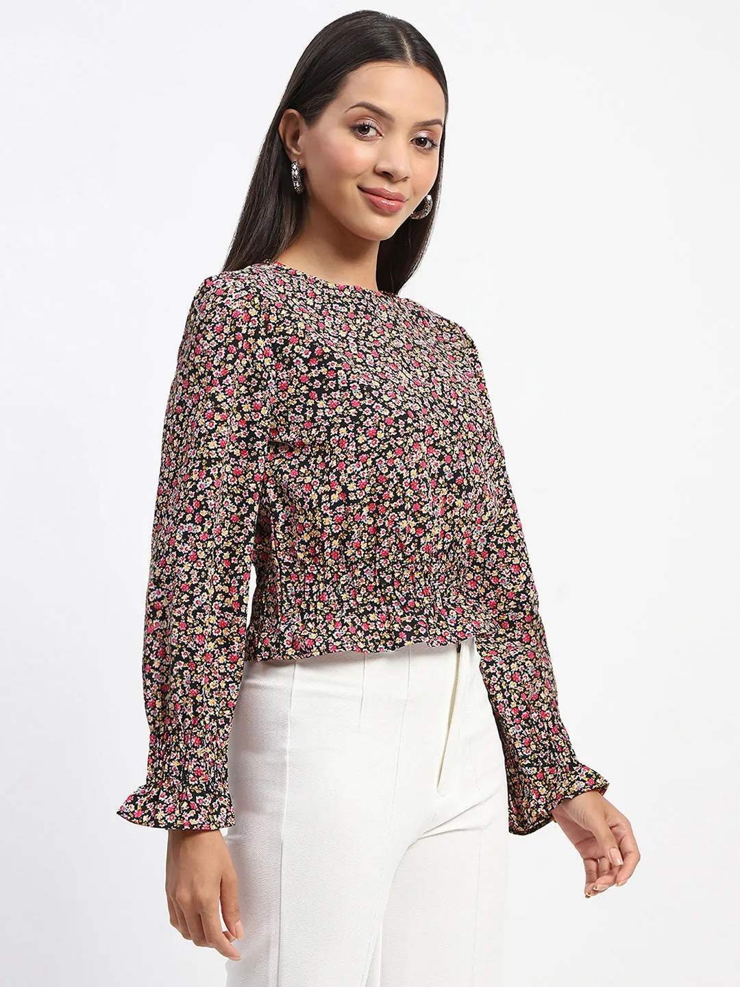Polish Tone Madame Floral Print Cinch Waist Black Top