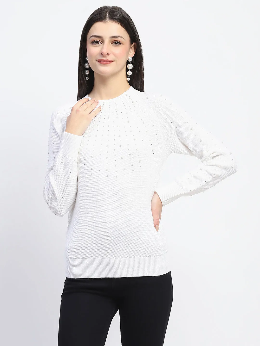 Madame Embellished Full Sleeve Off White Knitted Top Dream Core