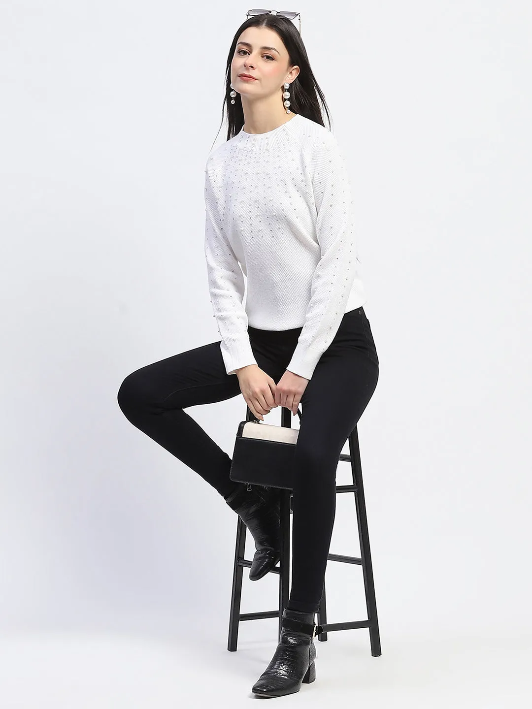 Casual Shirt Trendy Outerwear Madame Embellished Full Sleeve Off White Knitted Top
