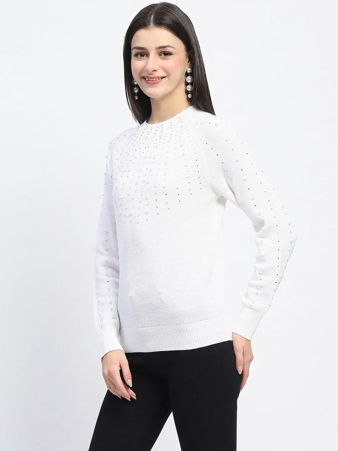Soft Inner Lining Denim style Madame Embellished Full Sleeve Off White Knitted Top