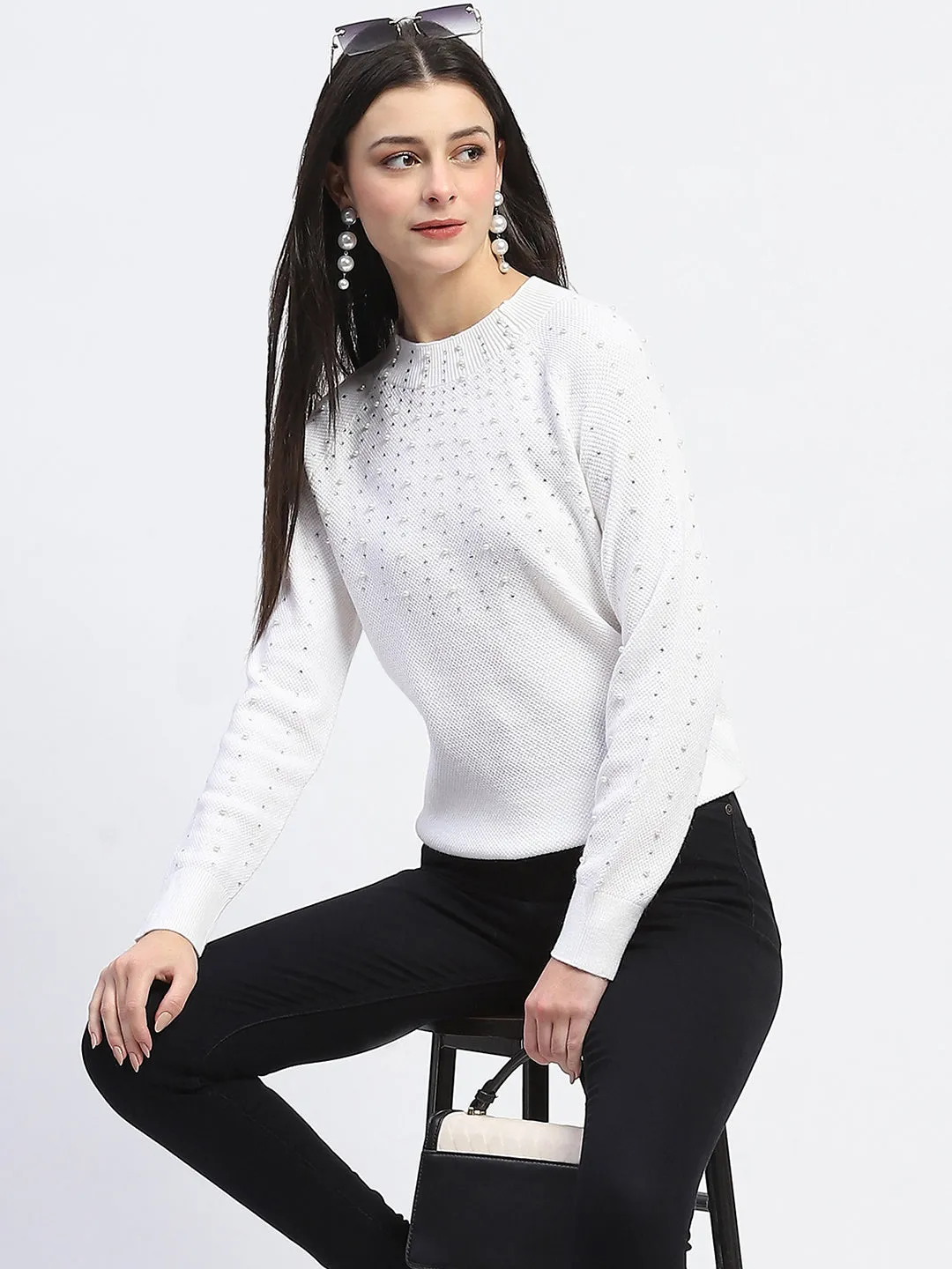 Windproof Outer Layer Madame Embellished Full Sleeve Off White Knitted Top