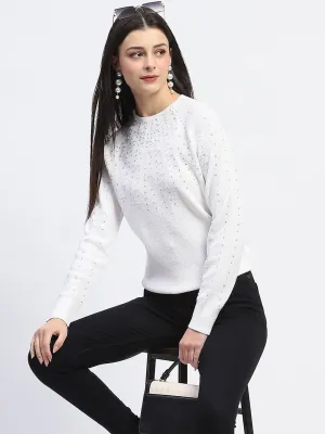 Windproof Outer Layer Madame Embellished Full Sleeve Off White Knitted Top