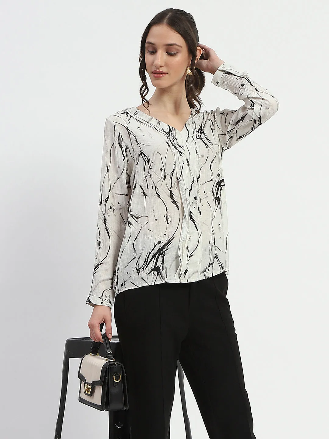 Planet Glow Madame Rayon Blend Abstract Print Off White Top