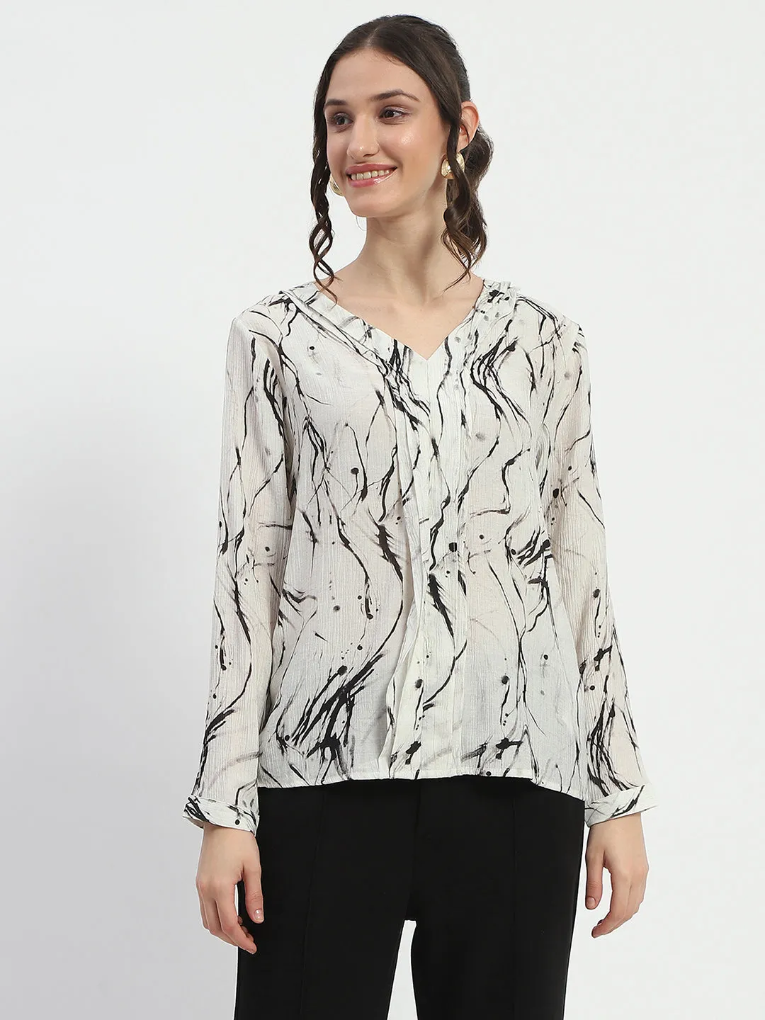 SoftTouchFinish Relaxed Layer Madame Rayon Blend Abstract Print Off White Top