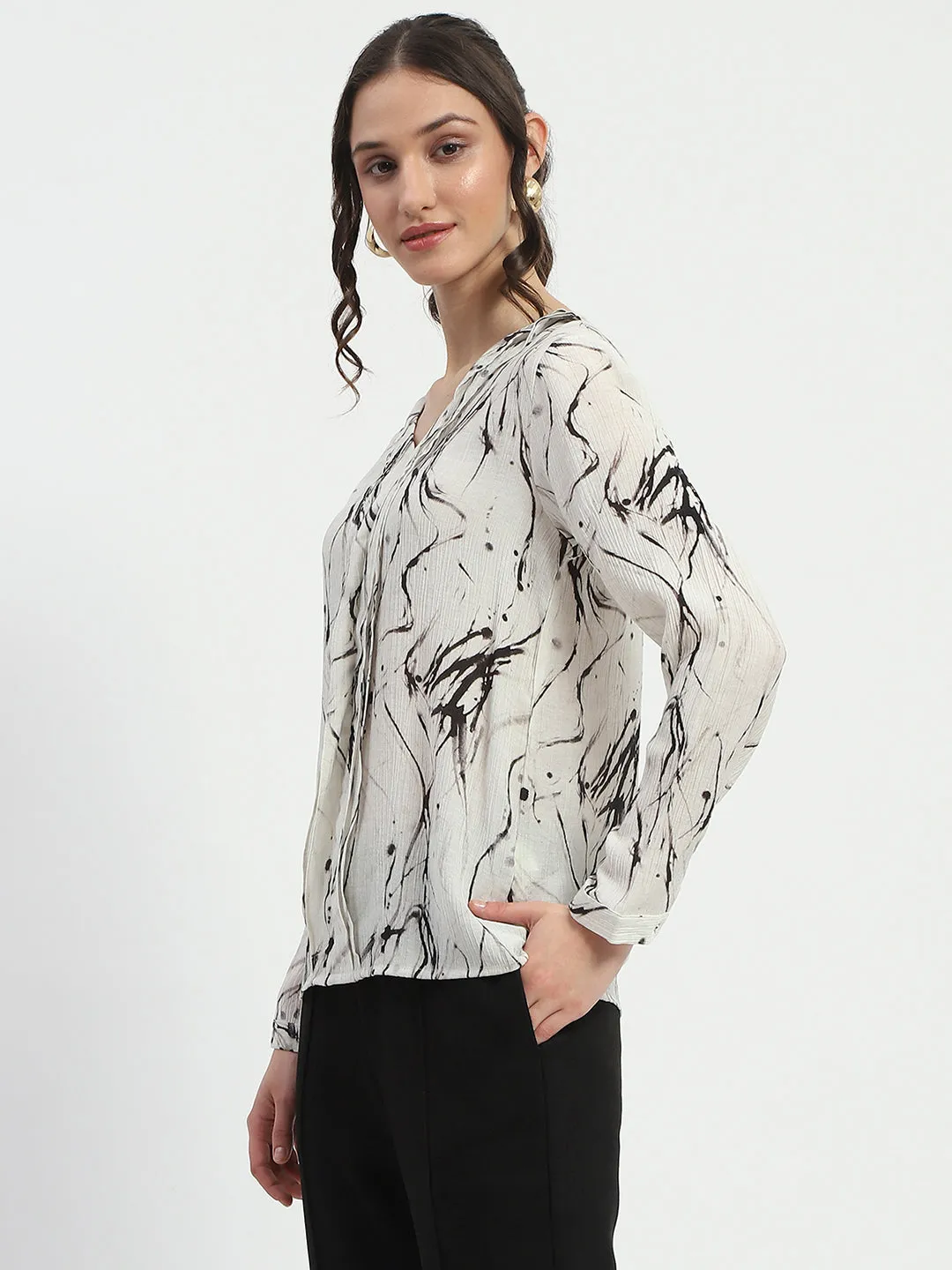 Spark Mood Summer Style Madame Rayon Blend Abstract Print Off White Top