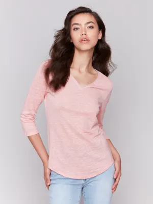 Garden Ease Linen Blend V-Neck Top - Guava