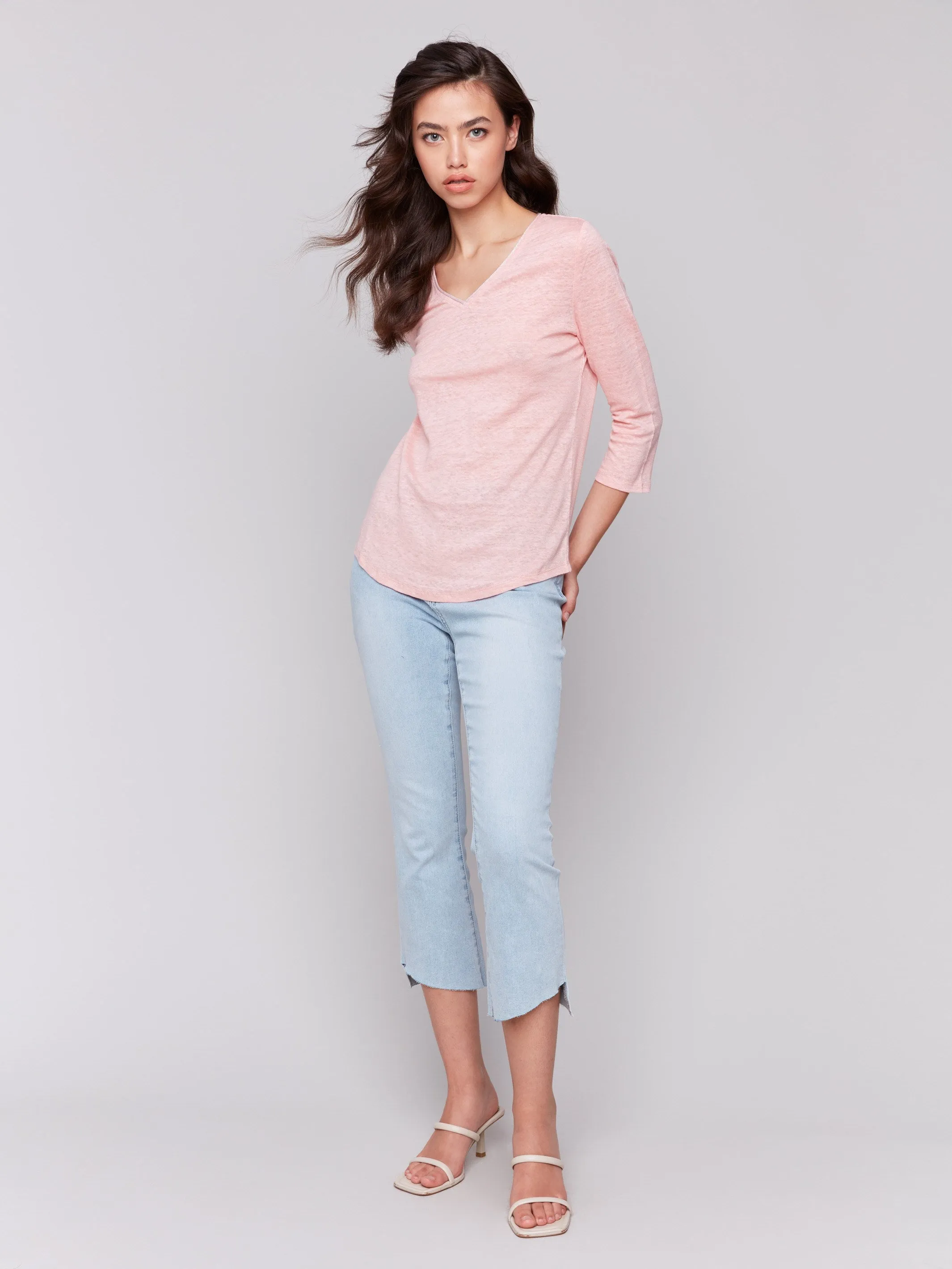 NonRestrictiveFit Linen Blend V-Neck Top - Guava