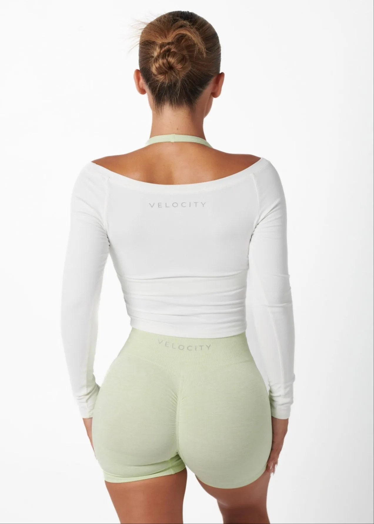 RIBBED OFF SHOULDER LONG SLEEVE - WHITE Green Fit Soft Motion