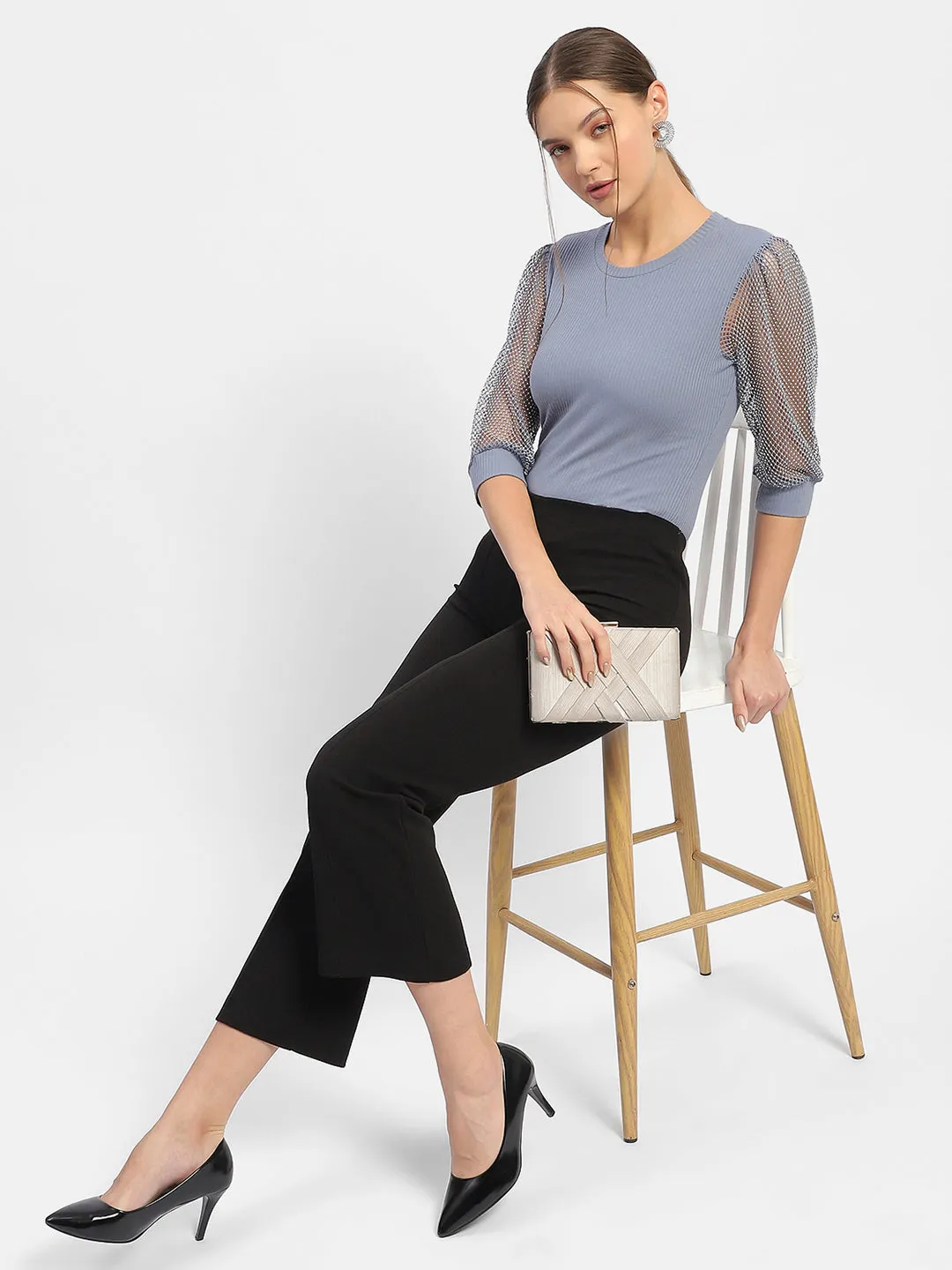 RollUp Sleeves Madame Knit Sleeve Grey Regular Top