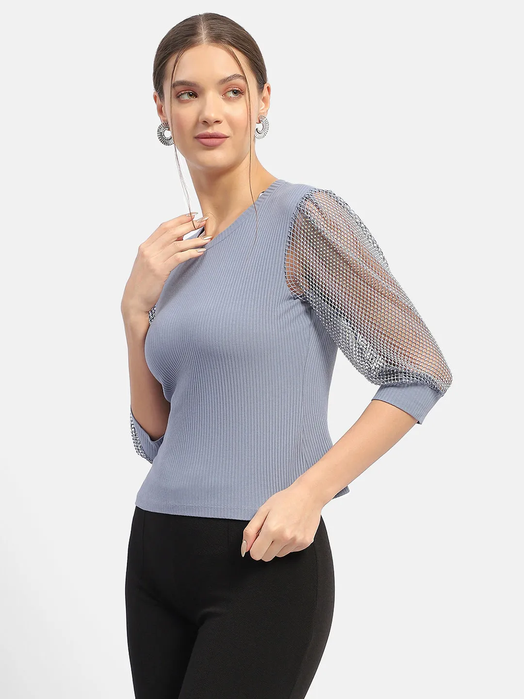 Madame Knit Sleeve Grey Regular Top Rich Tone Aura Core