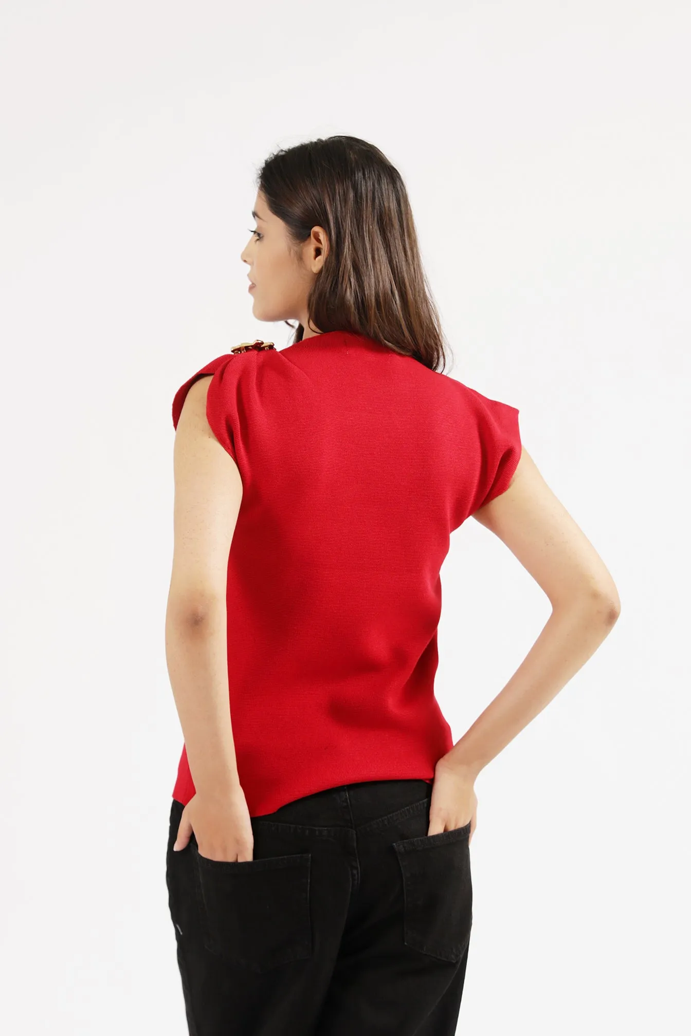 SLEEVELESS KNITTED TOP WITH BROOCH OdorResistant Material Thick Fiber