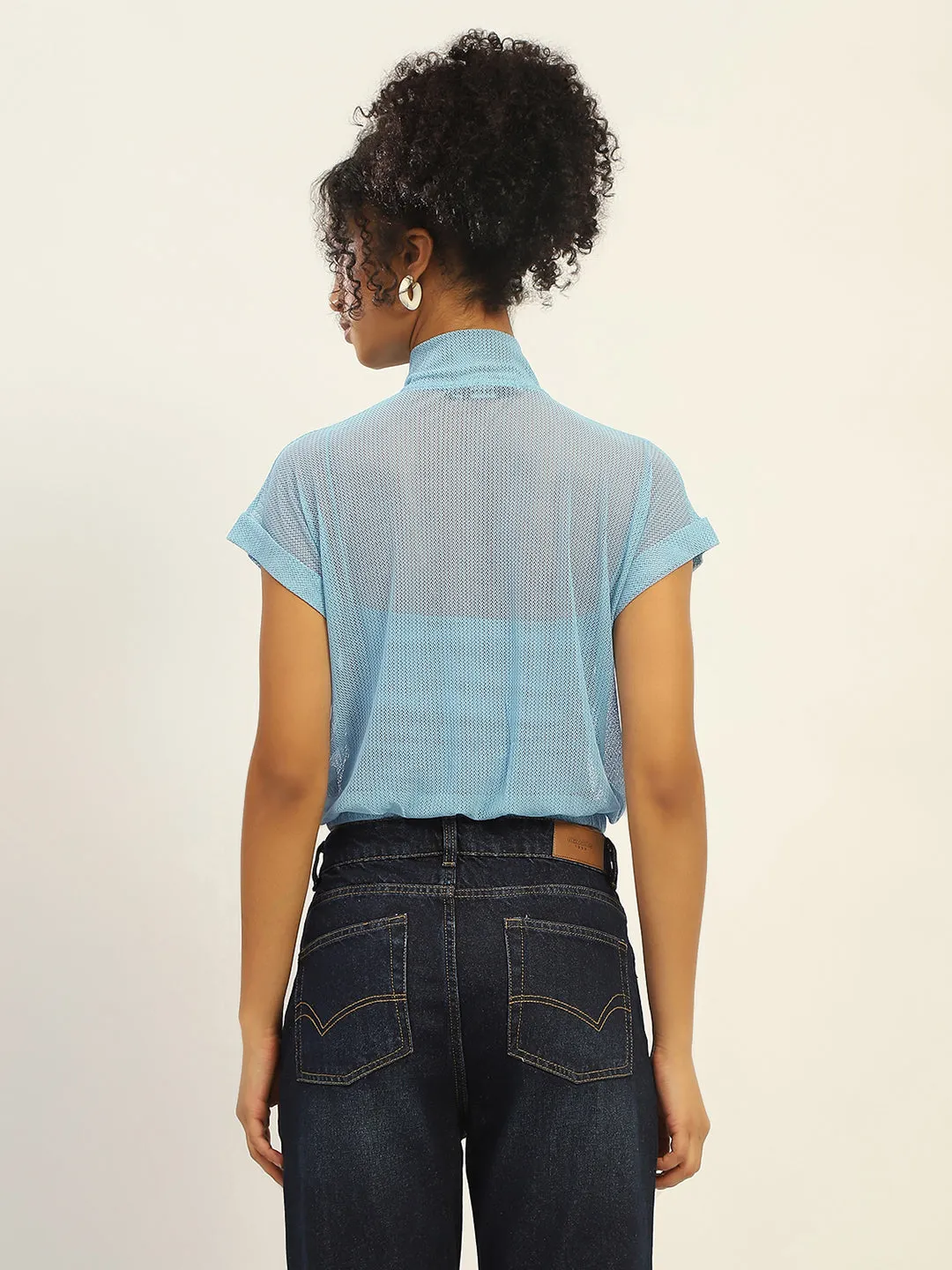 Madame Front Zipper Half Sleeve Cotton Blue Top QuickDry