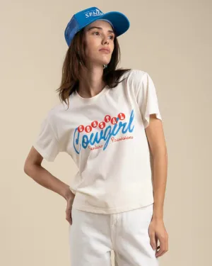 Coastal Cowgirl Boxy Tee - Vintage White/Blue Print Travel Wear Modern Design