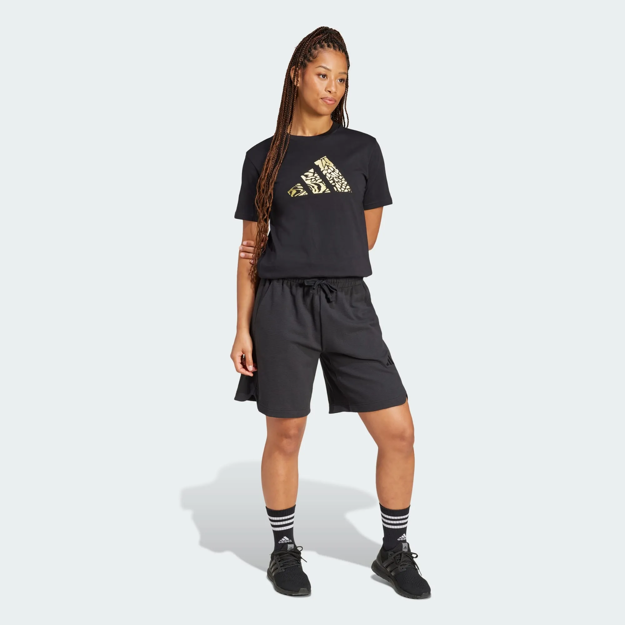 Adidas Women's Tech Metallic Graphic Black/Gold Tee Subtle Details Leather combination