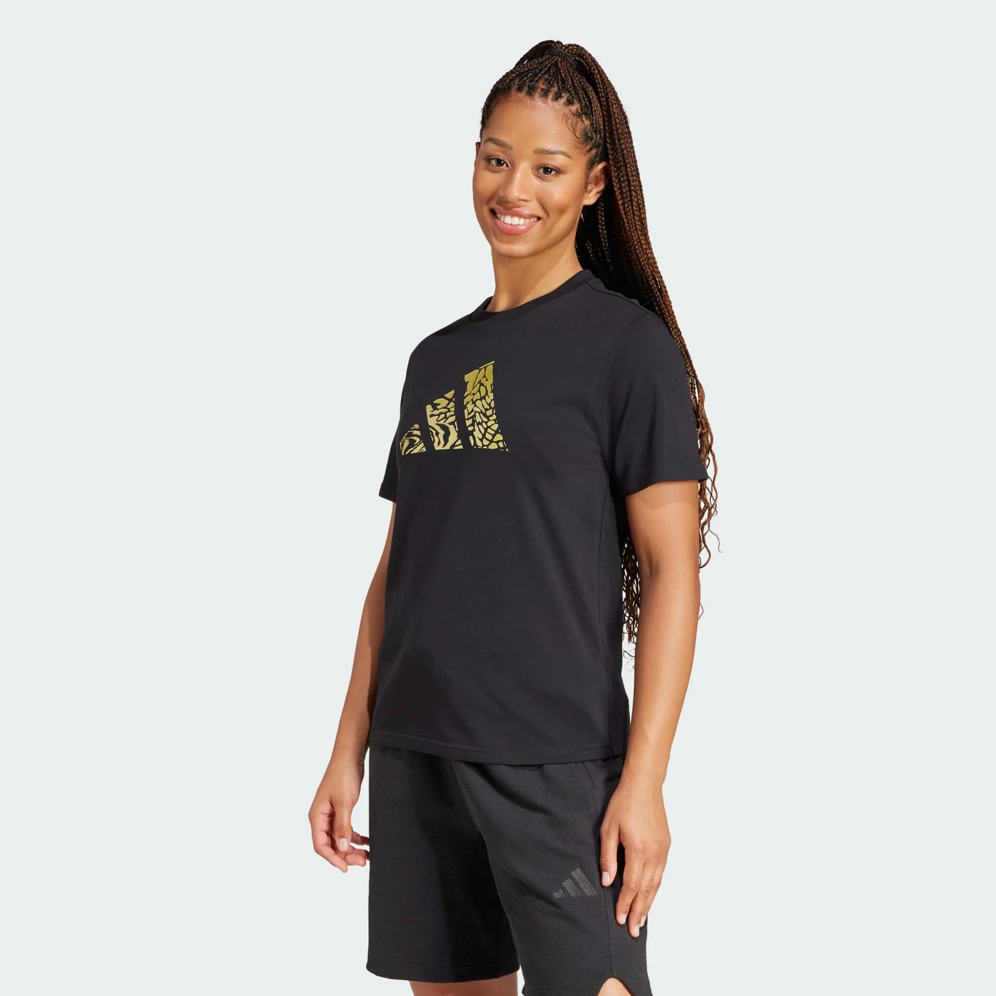 Casual Touch Fun and Playful Adidas Women's Tech Metallic Graphic Black/Gold Tee